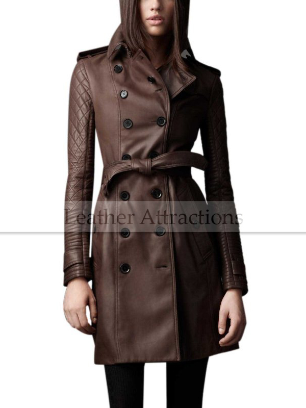 Designers Quilted Sleeves Women 3-4 length leather trench Coat