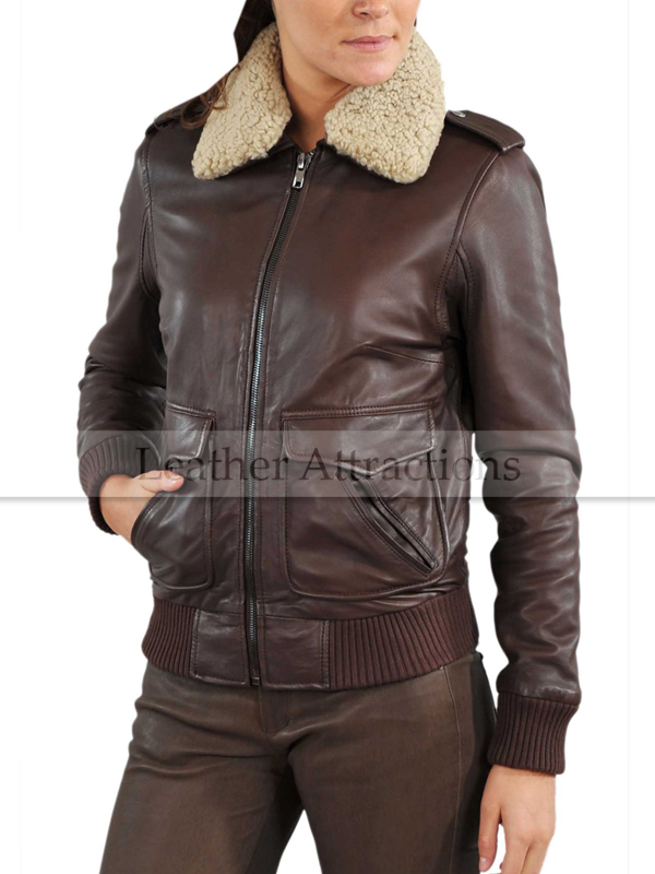 Fur Collar Women Bomber Leather Jacket