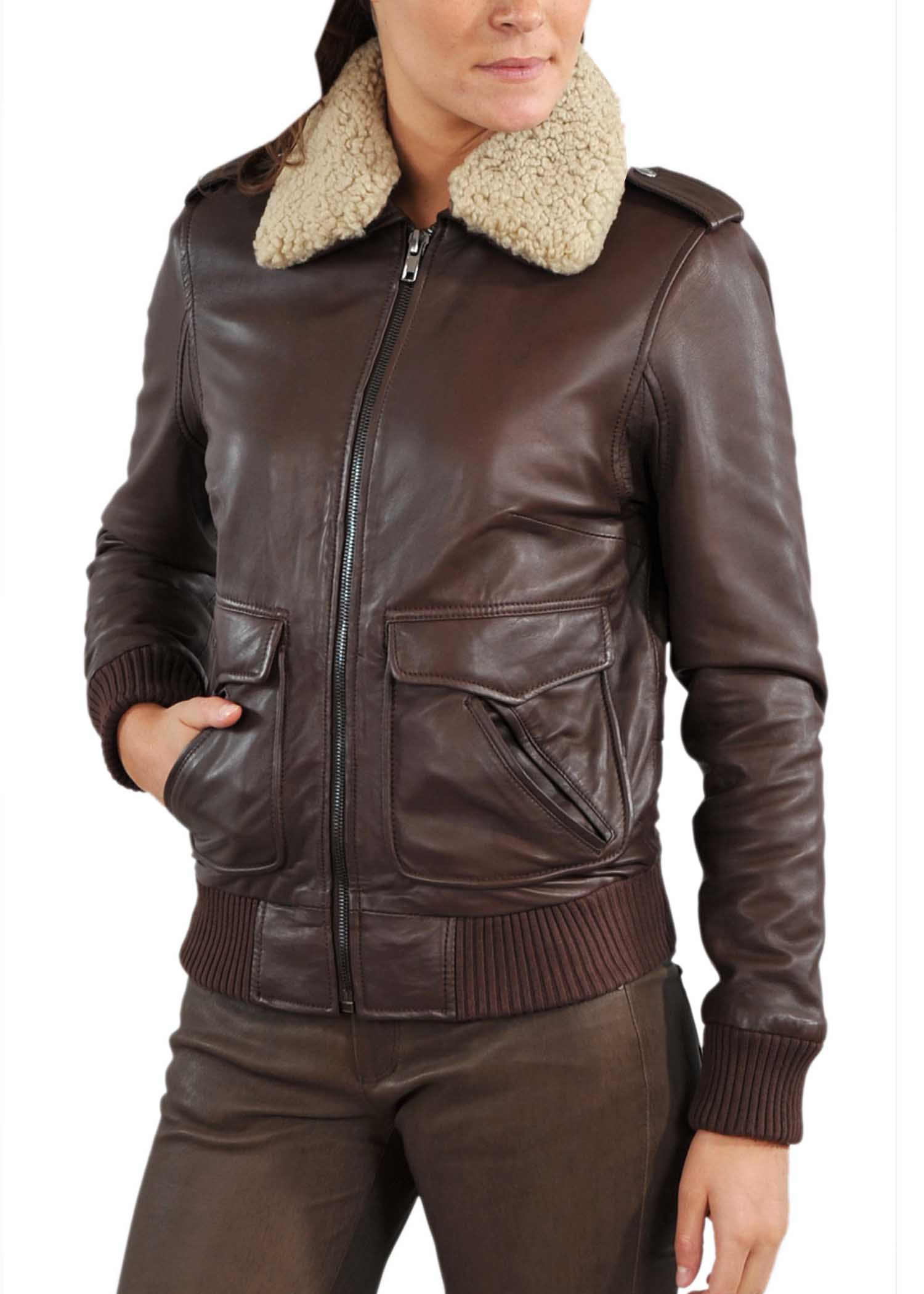 Images of Brown Leather Bomber Jacket Womens - Reikian