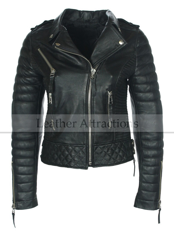 Women Quilted Fitting Biker Leather Jacket