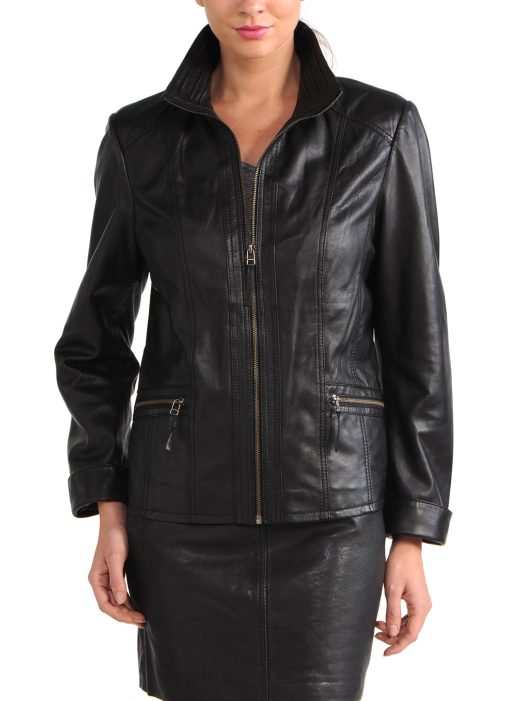 Avant Full Zipper Ladies Leather Jacket Black Front