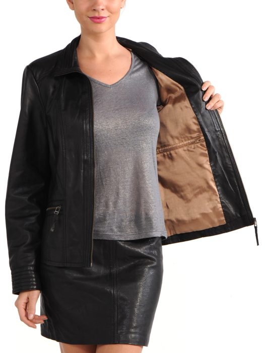 Avant Full Zipper Ladies Leather Jacket Black Inner