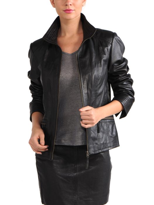 Avant Full Zipper Ladies Leather Jacket Open Black