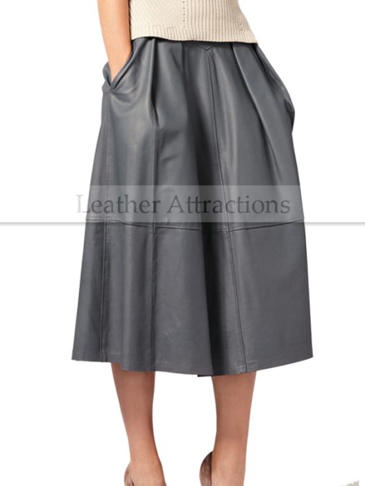 Gray Flared Long Leather Skirt