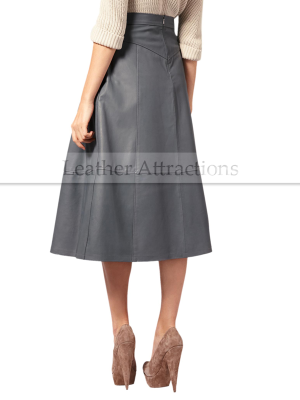 Gray Flared Long Leather Skirt