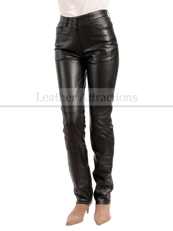 Jean Style 5 pocket Women black leather Pants