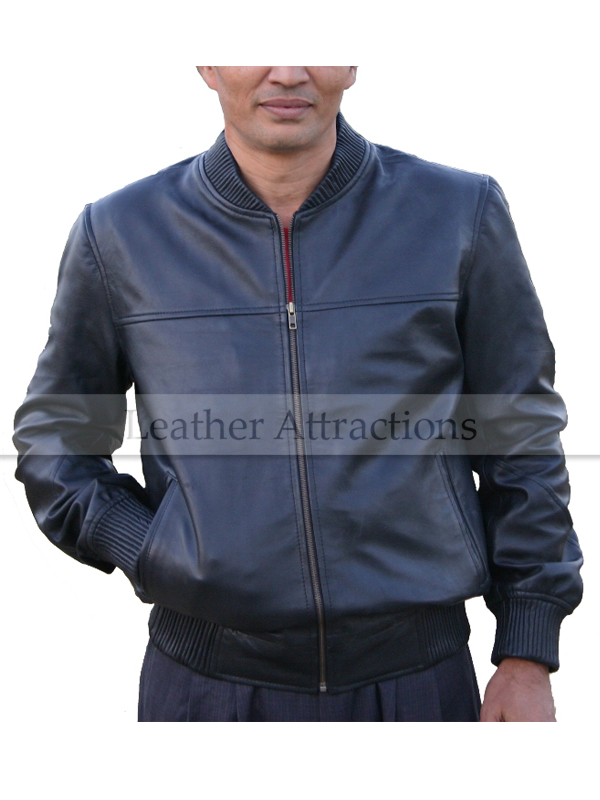 Ribbed Collar Leather Bomber Jacket