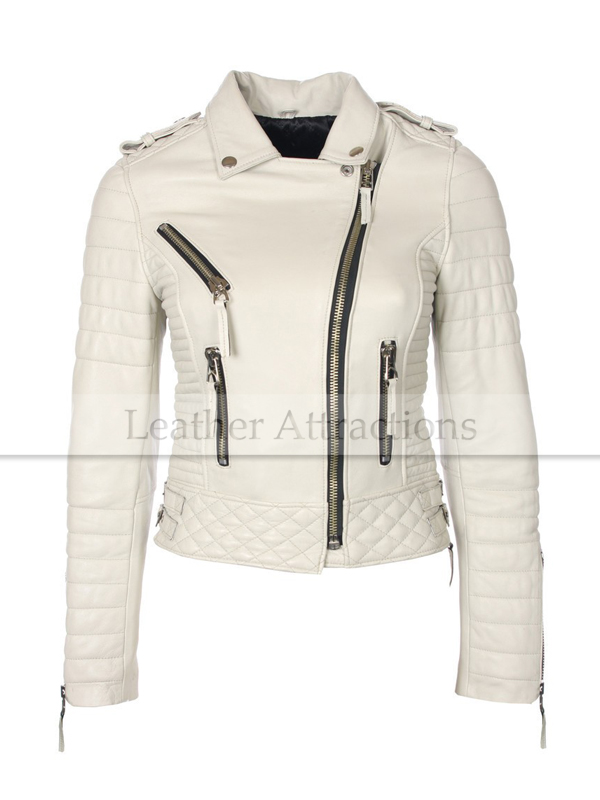 Women White Quilted Zippers Leather Jacket