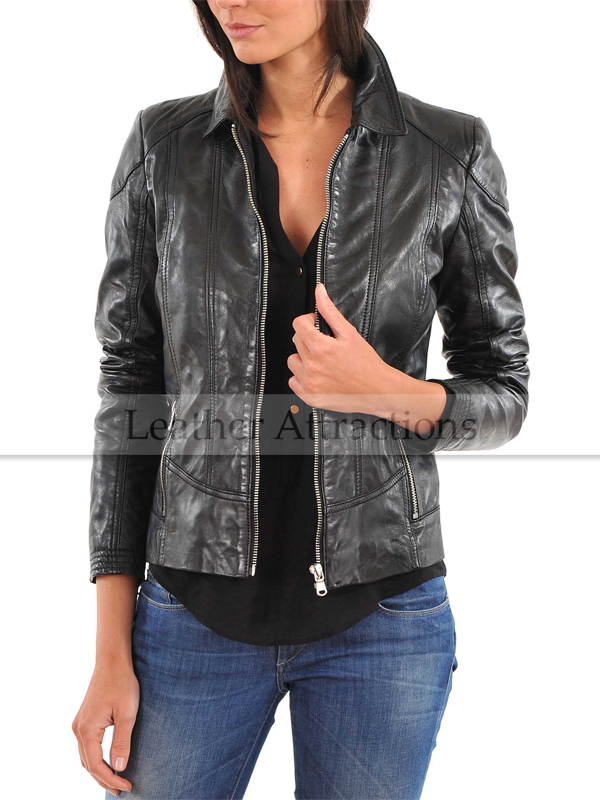 Leather jacket with clearance shirt collar